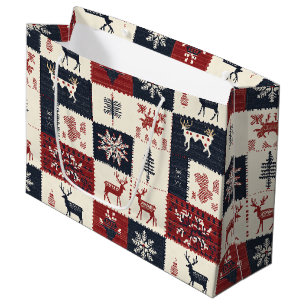 Nordic Christmas Knit Reindeer & Snowflakes Large Gift Bag