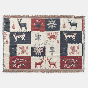 Nordic Christmas Knit Reindeer & Snowflakes Throw Blanket