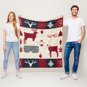 Nordic Christmas Patchwork Knitted Reindeer (2) Fleece Blanket