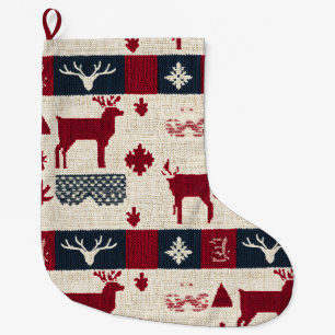 Nordic Christmas Patchwork   Knitted Reindeer (2) Large Christmas Stocking