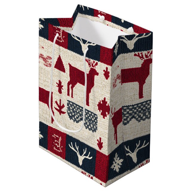 Nordic Christmas Patchwork | Knitted Reindeer (2) Medium Gift Bag (Front Angled)