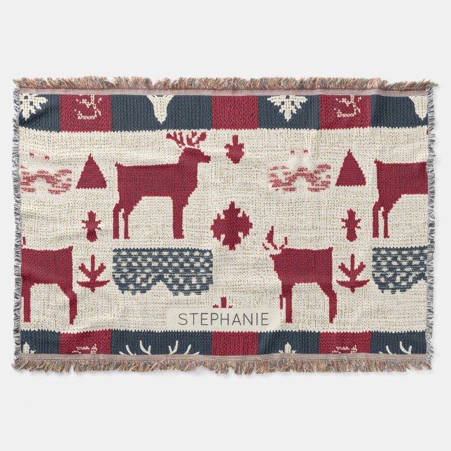 Nordic Christmas Patchwork | Knitted Reindeer (2) Throw Blanket (Front)