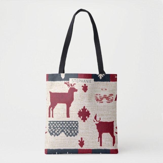 Nordic Christmas Patchwork | Knitted Reindeer (2) Tote Bag (Front)