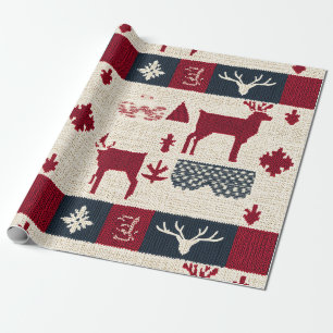 Nordic Christmas Patchwork Knitted Reindeer (2) Wrapping Paper