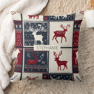 Nordic Christmas Patchwork   Knitted Reindeer Cushion