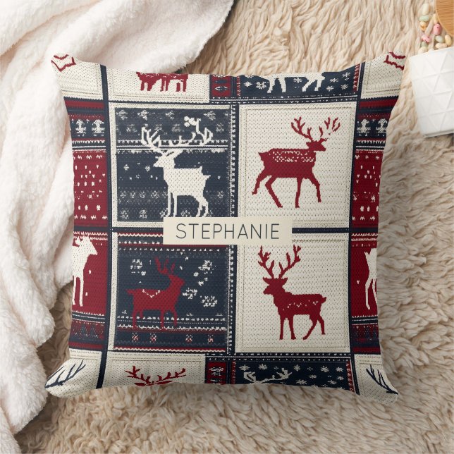 Nordic Christmas Patchwork | Knitted Reindeer Cushion (Blanket)
