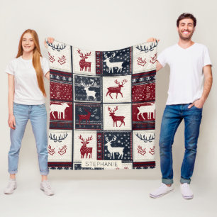 Nordic Christmas Patchwork Knitted Reindeer Fleece Blanket