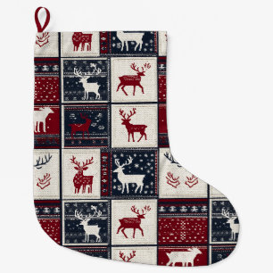 Nordic Christmas Patchwork Knitted Reindeer Large Christmas Stocking