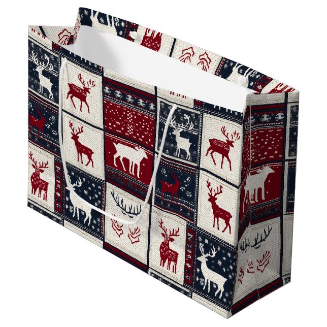 Nordic Christmas Patchwork | Knitted Reindeer Large Gift Bag (Front Angled)