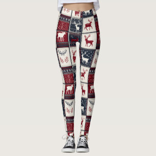 Nordic Christmas Patchwork   Knitted Reindeer Leggings