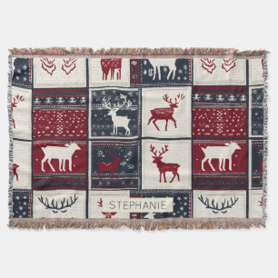 Nordic Christmas Patchwork Knitted Reindeer Throw Blanket