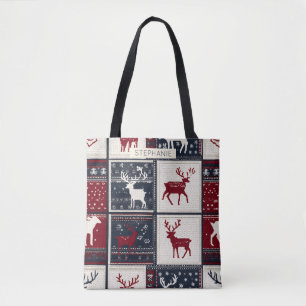 Nordic Christmas Patchwork Knitted Reindeer Tote Bag
