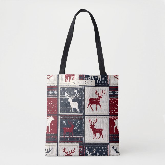 Nordic Christmas Patchwork | Knitted Reindeer Tote Bag (Front)