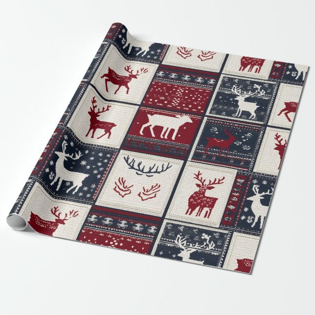 Nordic Christmas Patchwork | Knitted Reindeer Wrapping Paper (Unrolled)