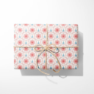 Nordic Christmas Red Snowflakes and Blue Trees Wrapping Paper