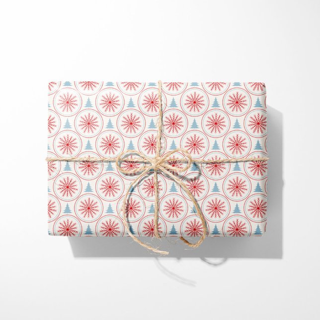 Nordic Christmas Red Snowflakes and Blue Trees Wrapping Paper (Creator Uploaded)
