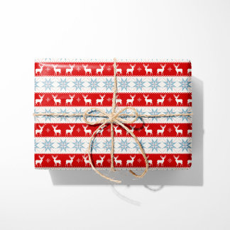 Nordic Christmas Reindeer and Snowflakes Red Wrapping Paper
