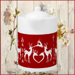 Nordic Christmas Reindeers White Santa Helpers Red<br><div class="desc">Christmas Tea time will never be the same again with this custom tea pot made of bright white porcelain. Artistic & beautiful white reindeers are waiting for Santa's call. Personalised Quote Christmas Message with illustrations of white Christmas Reindeers on a deep red background. This cute teapot deliver's the message and...</div>