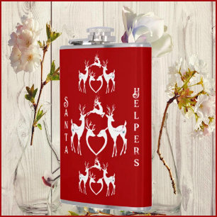Nordic Christmas Reindeers White Santa Helpers Red Hip Flask
