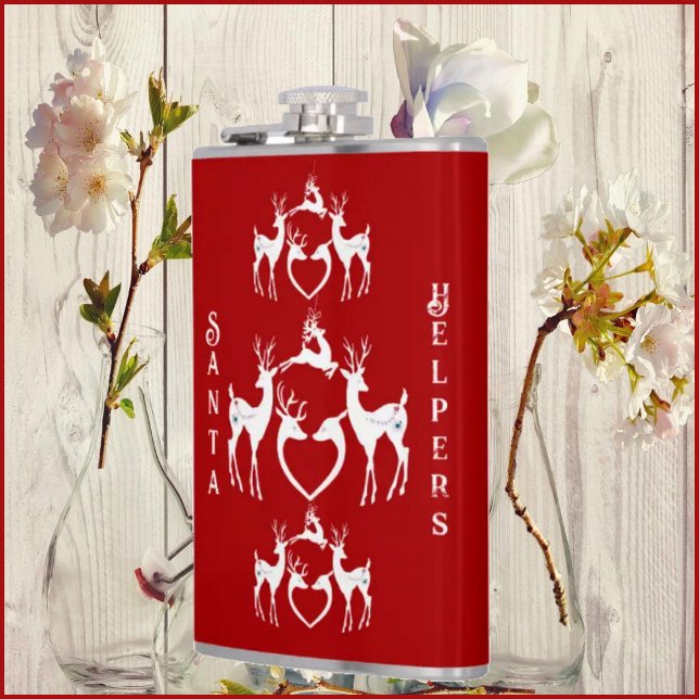 Nordic Christmas Reindeers White Santa Helpers Red Hip Flask (Creator Uploaded)