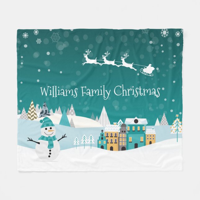 Nordic Christmas Snow Forest Santa Reindeer Sleigh Fleece Blanket (Front (Horizontal))