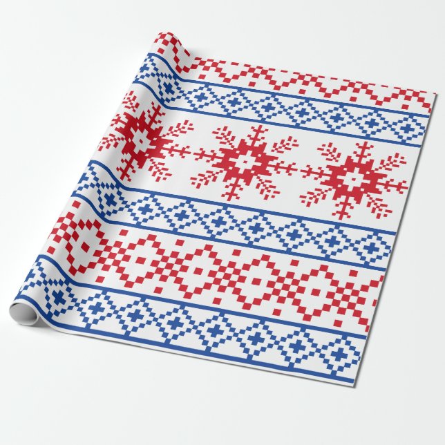 Nordic Christmas Snowflake Borders Wrapping Paper (Unrolled)