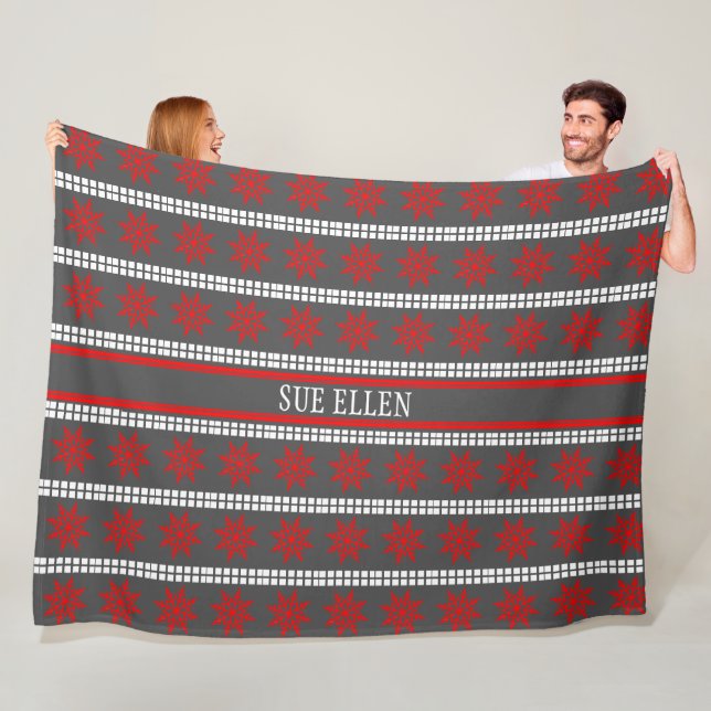 Nordic Christmas snowflake pattern grey red  white Fleece Blanket (In Situ)