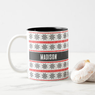 Nordic Christmas snowflake pattern grey red white Two-Tone Coffee Mug