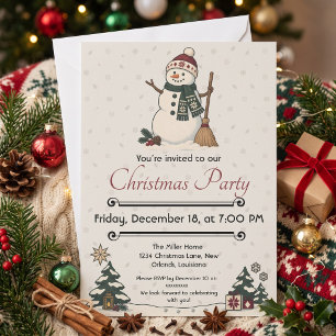 Nordic Christmas Snowman with Broom Holiday Party Invitation