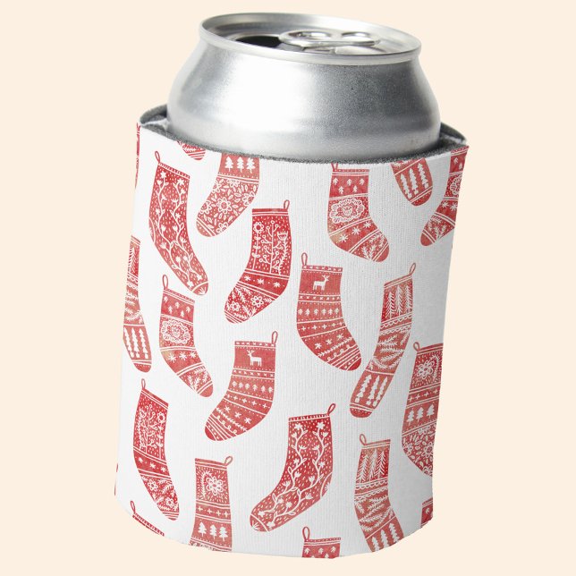 Nordic Christmas Stocking Can Cooler (Nordic Stockings red and white Scandinavian festive Christmas can cooler)