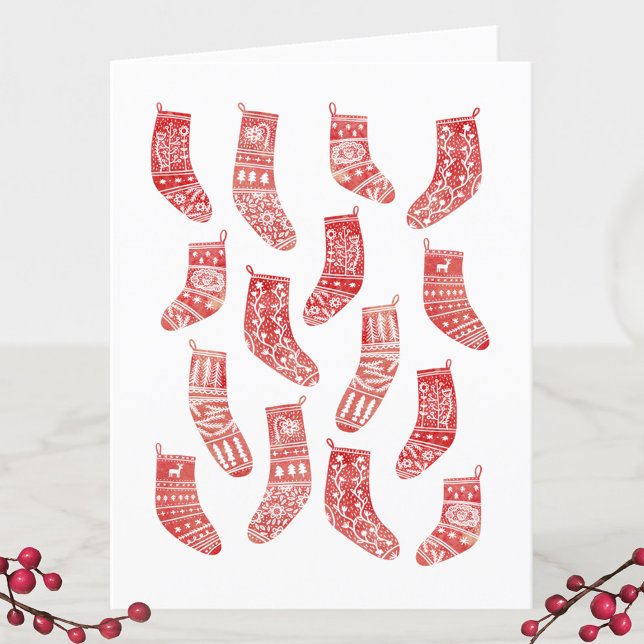 Nordic Christmas Stockings Christmas Holiday Card (Nordic Scandinavian red and white Christmas stockings holiday card)