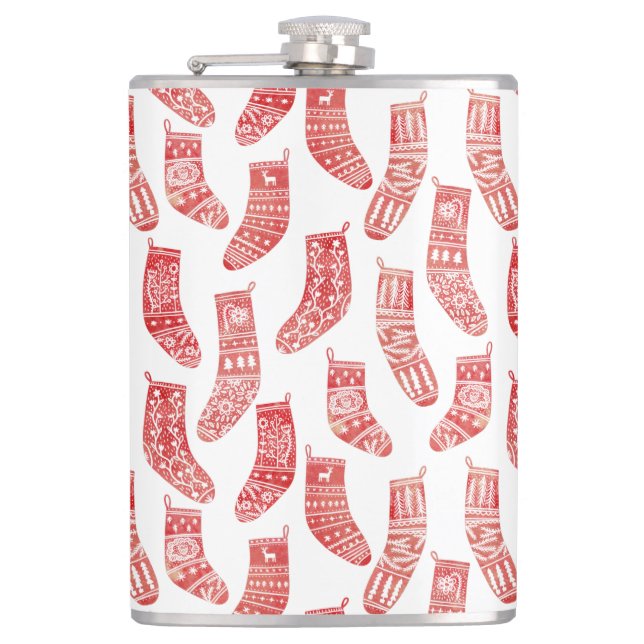 Nordic Christmas Stockings Red and White Pattern Hip Flask (Front)