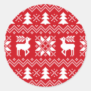 Nordic Christmas Sweater Inspired Red Pattern Classic Round Sticker
