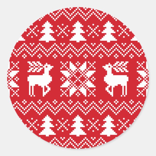 Nordic Christmas Sweater Inspired Red Pattern Classic Round Sticker (Front)