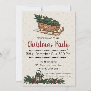 Nordic Christmas Tree on a Wooden Sled Holiday Invitation