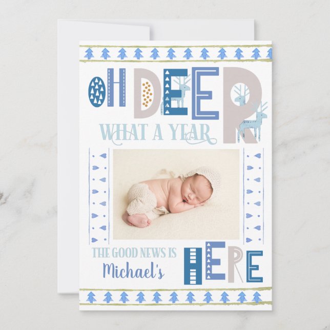 Nordic Christmas Trees Blue 3 Photo Holiday Birth Announcement (Front)
