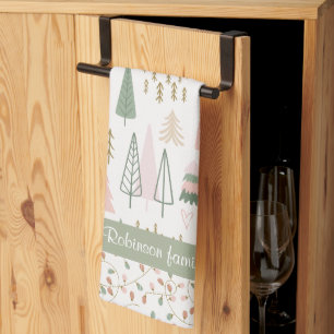 Nordic Christmas Trees Lights Family Name Holiday Tea Towel