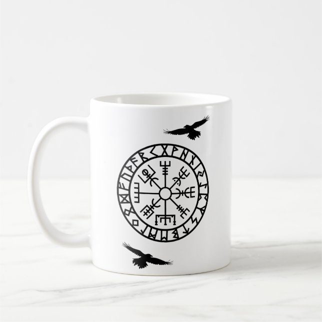 Nordic Compass, Runes, Huginn, Muninn, Viking Coffee Mug (Left)