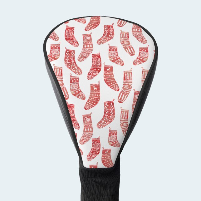 Nordic Cosy Stockings Golf Head Cover (Nordic Scandinavian red and white sock or stockings pattern golf head cover)