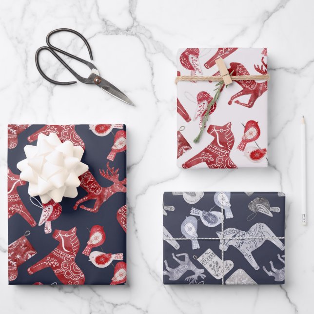 Nordic Dala Horse Moose Red Blue Christmas Wrapping Paper Sheet (Front)