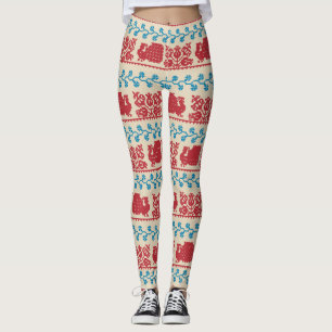 Nordic embroidery pattern (peacock and flowers) leggings