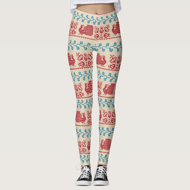 Nordic embroidery pattern (peacock and flowers) leggings (Front)