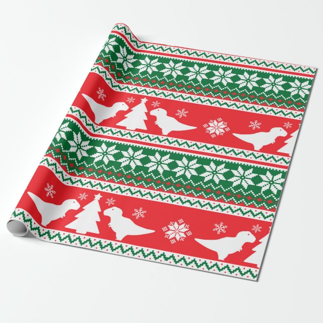 Nordic Fair Isle T-Rex Dinosaurs Sweater Wrapping Paper (Unrolled)