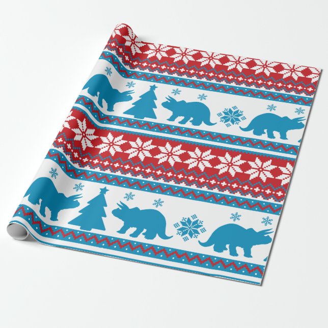 Nordic Fair Isle Triceratops Dinosaurs Sweater Wrapping Paper (Unrolled)