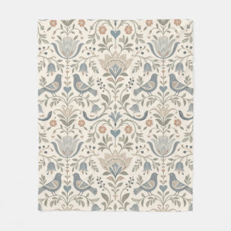Nordic Floral and Birds Scandinavian Soft Colours Fleece Blanket