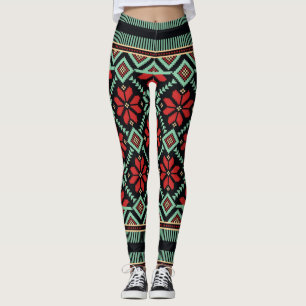 Nordic Floral Sweater Pattern Red Black Green Leggings