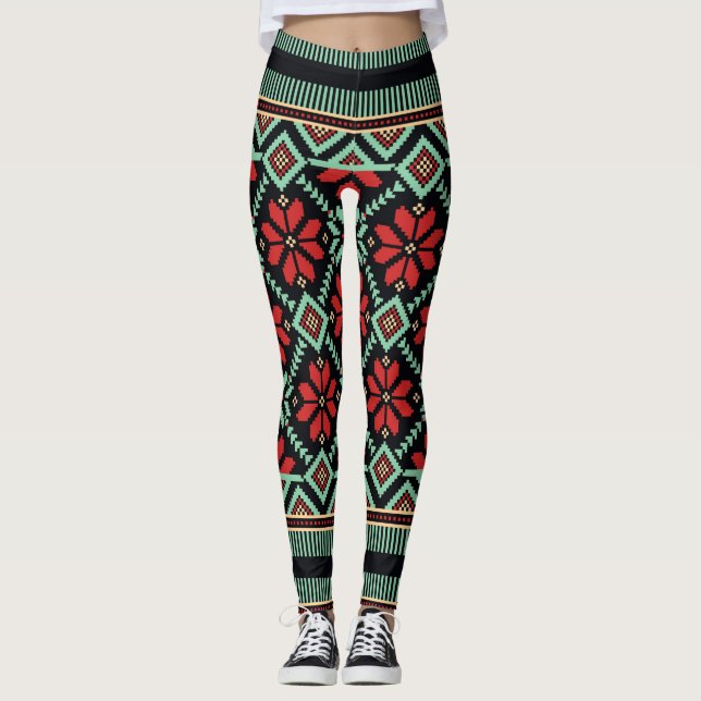 Nordic Floral Sweater Pattern Red Black Green Leggings (Front)