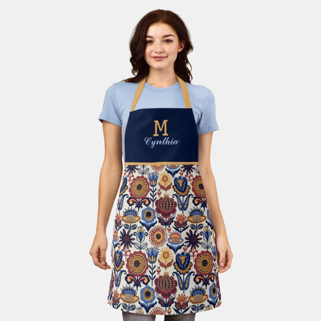 Nordic Flower Folk Art Pattern Monogram Apron (Worn)