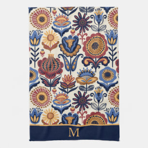 Nordic Flower Folk Art Pattern Monogram Tea Towel