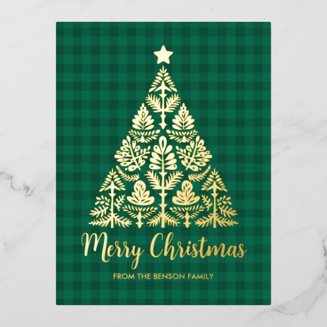 Nordic Folk Art Christmas Tree in Gold  Foil Holiday Postcard (Front)
